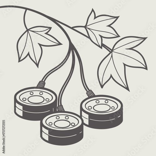 Vector art of a whimsical line art illustration of three mochi hanging from a leafy branch, blending natural elements with sweet treats in a minimalist and charming composition
