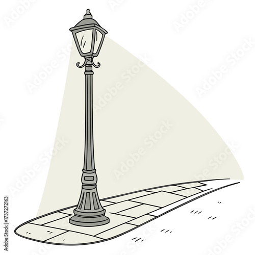 Illustration of a classic street lamp with a square lantern, casting light on a brick path, the lamp is gray and black, and the light is a pale yellow