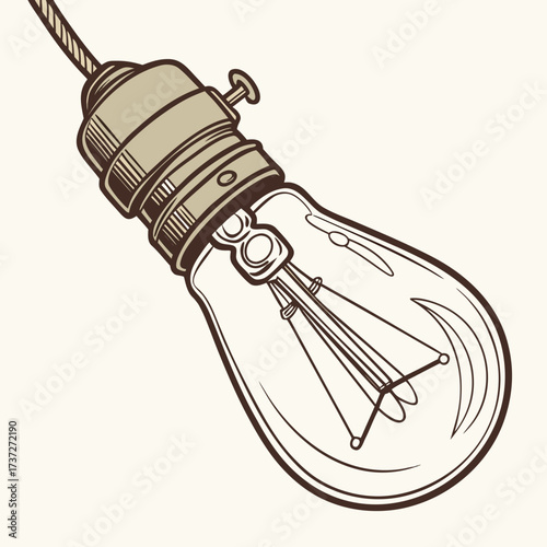 Illustration of a vintage light bulb hanging from a cord, casting a soft glow, drawn in a minimalist style with a neutral color palette, evoking a sense of nostalgia and simplicity