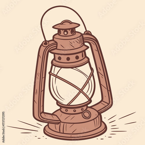 Illustration of a vintage lantern with a warm glow, drawn in a rustic style with a neutral color palette, evoking a sense of nostalgia and simplicity