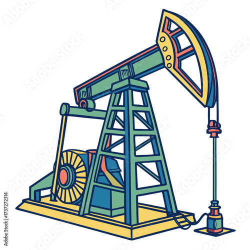 Illustration of an oil pump jack, a machine used to extract petroleum from the ground, rendered in a cartoon style with bold lines and flat colors