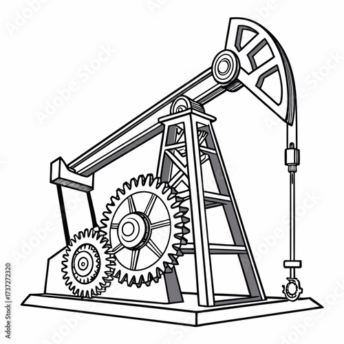 Illustration of an oil pump jack, a machine used to extract petroleum from the ground, rendered in a monochrome sketch style with gears