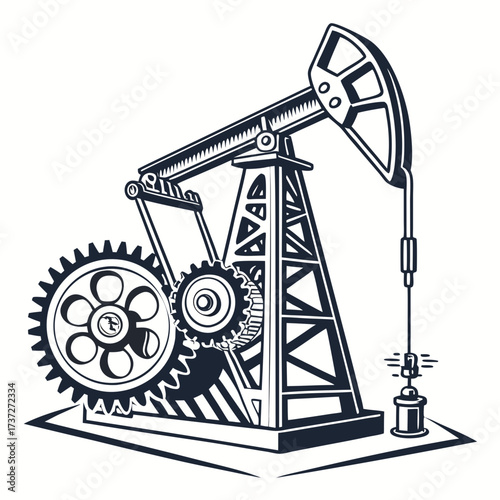 Illustration of an oil pump jack with gears, , representing the extraction of crude oil from the earth, a symbol of the petroleum industry and energy production
