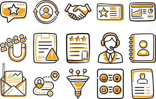 CRM management and marketing icon set – Business communication, customer support, data analysis, sales funnel and relationship strategy vector collection