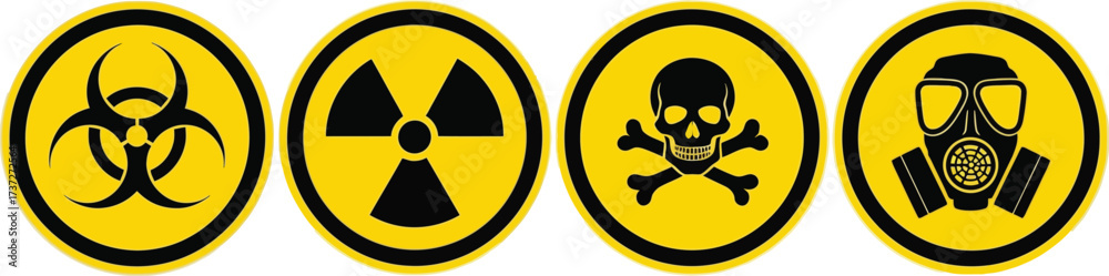 Fototapeta premium Hazard Symbols Biohazard, Radiation, Skull, Gas Mask on Yellow Round Sign