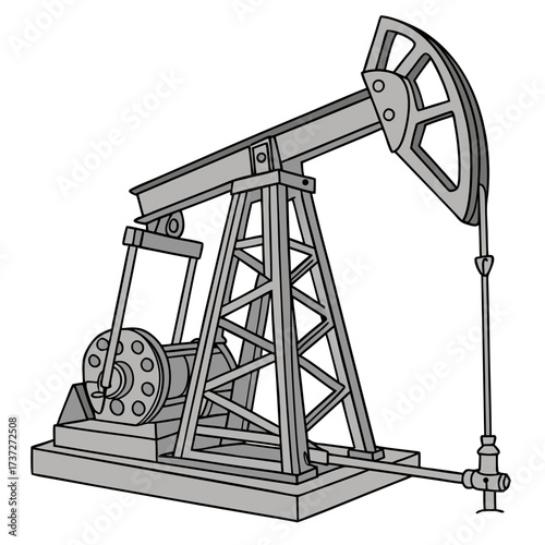 Illustration of an oil pump jack, also known as a nodding donkey, pumping crude oil from an oil well, symbol of fossil fuel energy production
