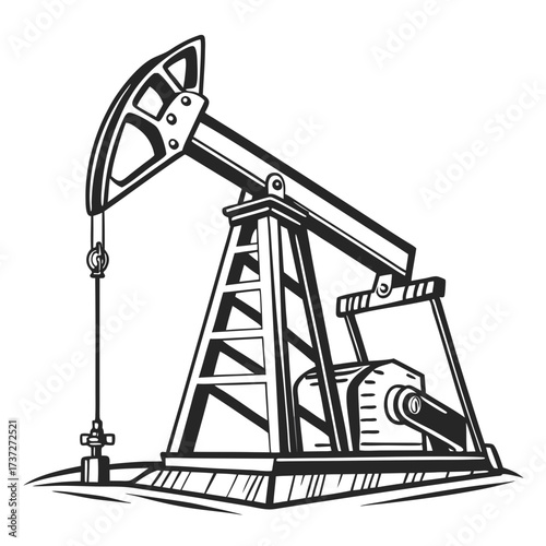 Illustration of an oil pump jack, also known as a nodding donkey, pumping crude oil from an oil well, symbol of fossil fuel energy production