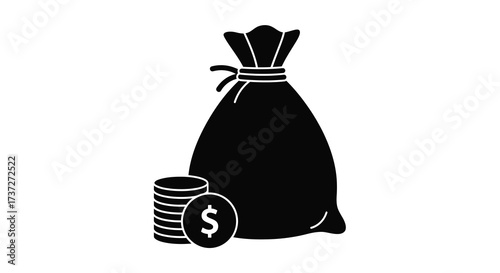 Simple black and white illustration of a money bag and coins