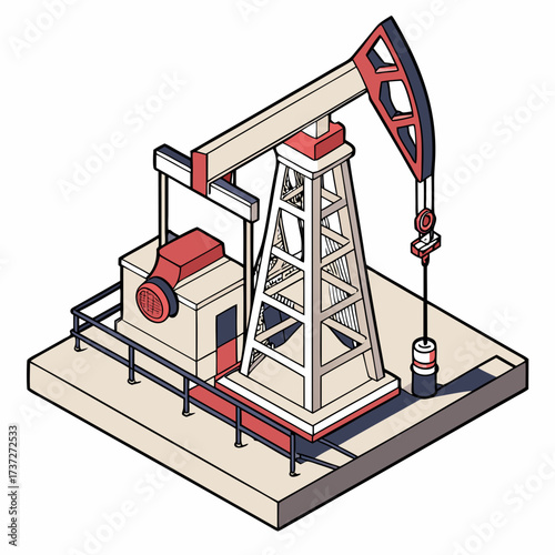 Vector art of isometric illustration of an oil pump jack, a mechanical device used to extract crude oil from an oil well, a symbol of the petroleum industry