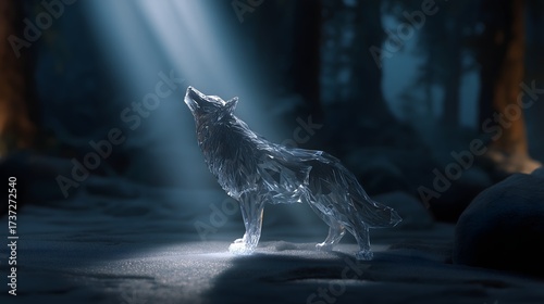 Photorealistic crystal wolf in snowy forest glowing under silver moonlight with fantasy cinematic detail