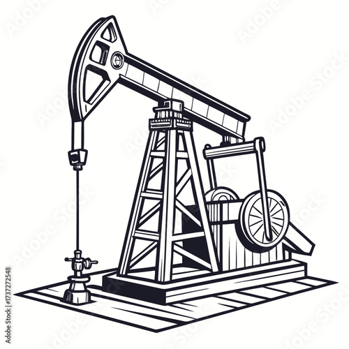 Vector art of monochrome illustration of an oil pump jack, a mechanical device used to extract crude oil from an oil well, a symbol of the petroleum industry