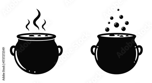Two black cauldron illustrations with steam and bubbling contents shown
