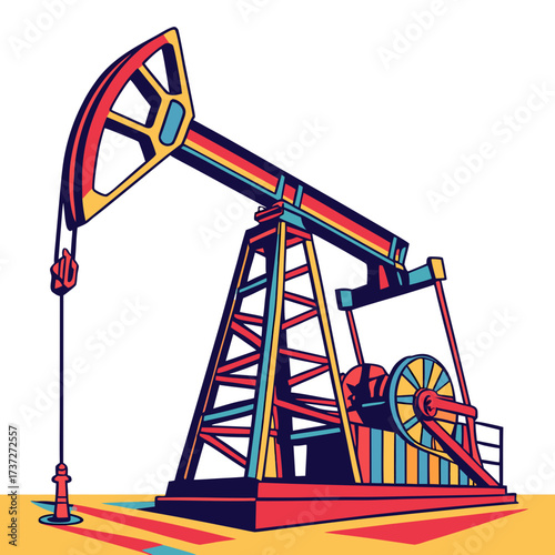 Vector art of colorful illustration of a pumpjack, also known as a pumping unit, donkey pumper, nodding donkey, pumping jack, or horsehead pump, used to mechanically lift liquid out of a well