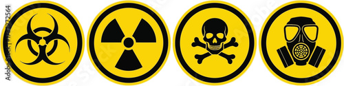 Hazard Symbols Biohazard, Radiation, Skull, Gas Mask on Yellow Round Sign