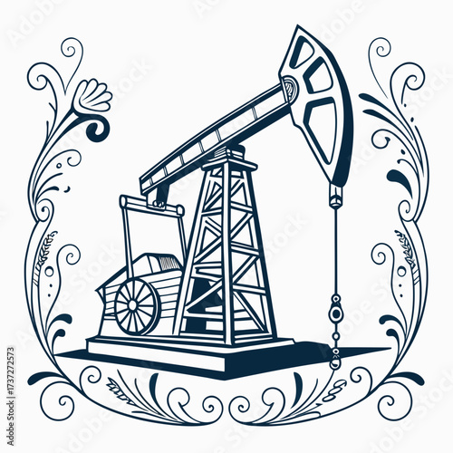 Illustration of an oil pump jack, also known as a nodding donkey, pumping unit, horsehead pump, beam pump, and grasshopper pump, surrounded by a floral frame