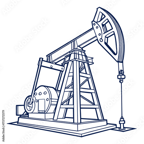 Vector art of detailed line art illustration of an oil pump jack, also known as a nodding donkey, pumping unit, horsehead pump, beam pump, and grasshopper pump, in a technical style