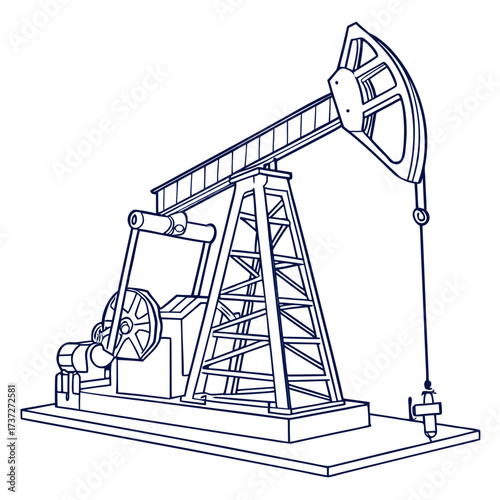 Vector art of line art illustration of an oil pump jack, also known as a nodding donkey, pumping unit, horsehead pump, beam pump, and grasshopper pump, in a minimalist style