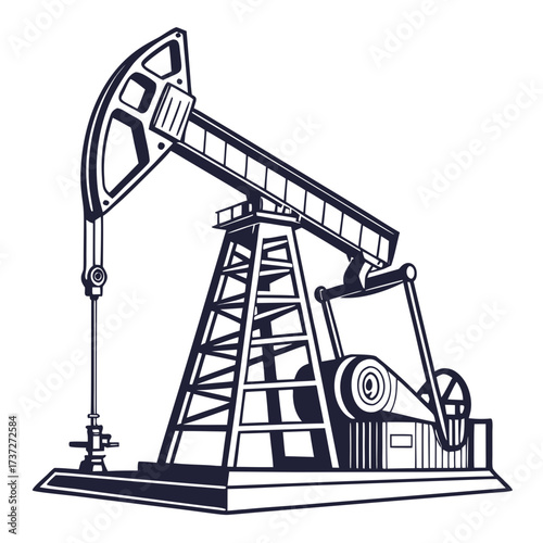 Illustration of an oil pump jack, also known as a nodding donkey, pumping unit, horsehead pump, beam pump, and grasshopper pump in a vector style