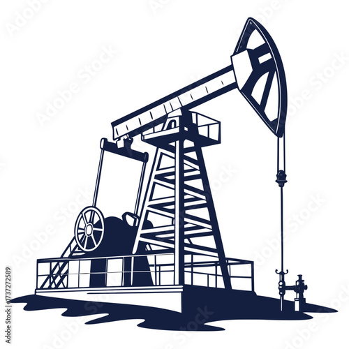 Illustration of an oil pump jack, also known as a nodding donkey, pumping unit, horsehead pump, beam pump, and grasshopper pump in a vector style