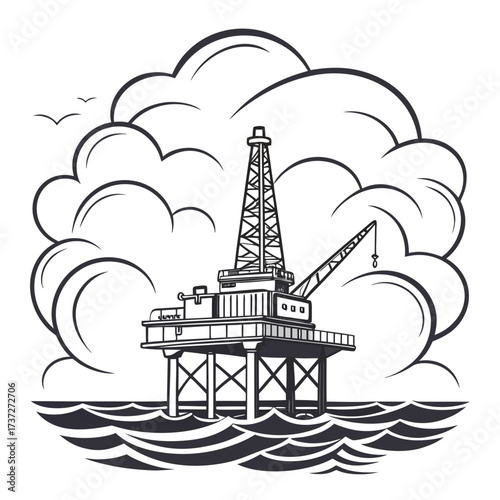 Vector art of offshore oil rig platform in the sea with clouds oil and gas industry energy production petroleum exploration fossil fuel extraction
