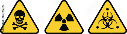 Hazard Warning Signs, Skull and Crossbones, Radiation Symbol, Biohazard, Yellow Triangle