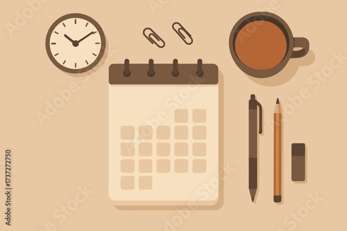 Cup paper desk illustration minimalist overhead arrangement tidy analog arranged calendar vector