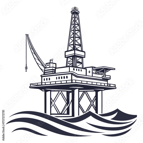 Illustration of an offshore oil rig, a large structure used for drilling and extracting oil and gas from beneath the seabed a symbol of the energy industry