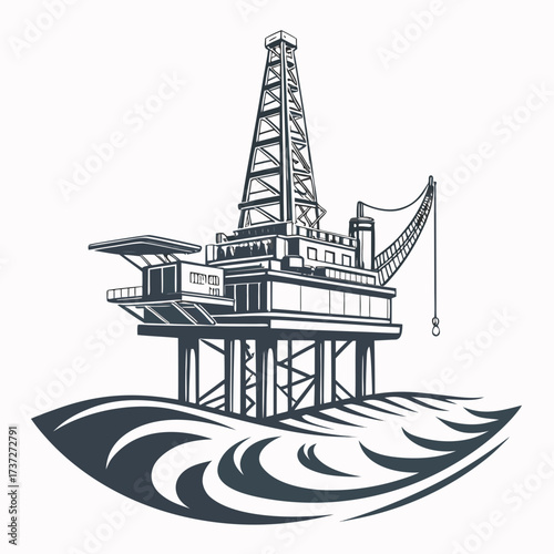 Illustration of an offshore oil rig platform in the sea, showcasing the industrial structure used for drilling and extraction of petroleum