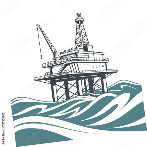 Illustration of an offshore oil rig platform in the ocean, symbolizing energy production, industrial activity, and marine engineering in a stylized design