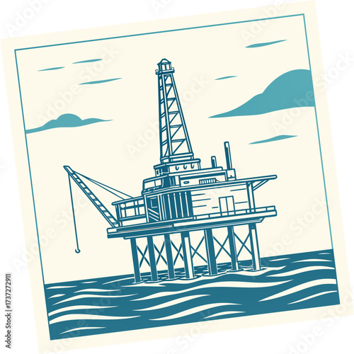 Illustration of an offshore oil rig platform in the ocean, showcasing the industrial structure and its placement in the marine environment