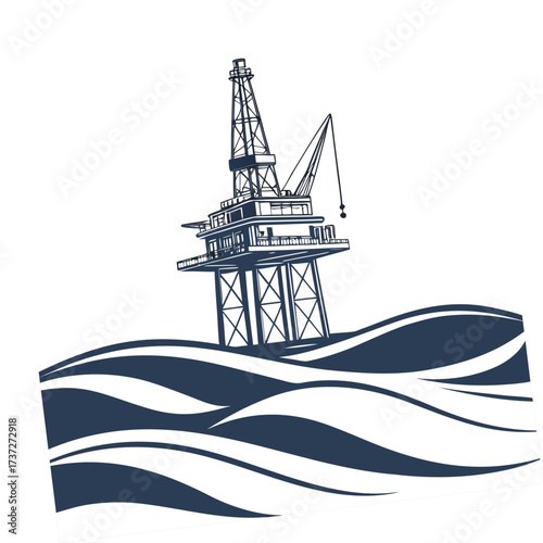 Illustration of an offshore oil rig platform in the ocean, showcasing energy production, industrial activity, and marine engineering with a stylized design