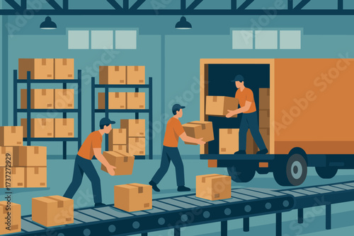Boxes loading trucks workers them warehouse illustration scene vector interior belts
