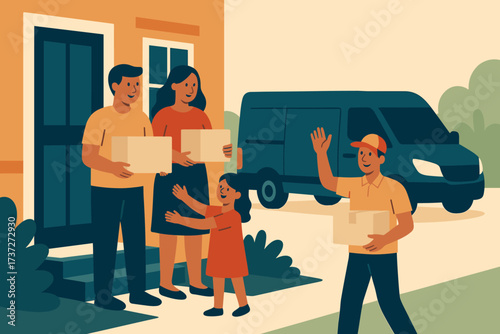 Family receiving scene courier vector goodbye parcel parcels driveway waves illustration delivery