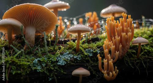 Enchanting Forest Fungi and Dew-Kissed Spiderwebs in Macro