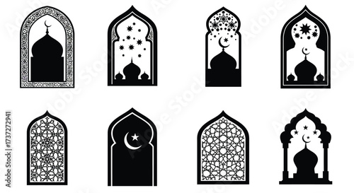 Collection of islamic arched windows and mosque silhouettes in black and white