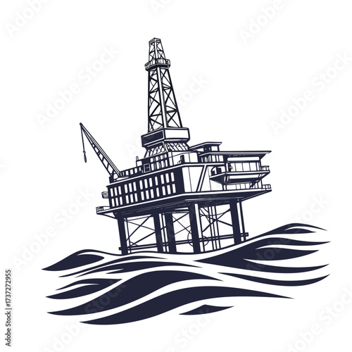 Illustration of an offshore oil rig platform in the ocean, representing energy production, industrial activity, and marine engineering in a stylized design