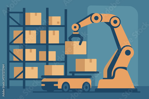 Cart smart into arm warehouse robotic placing vector illustration boxes automation