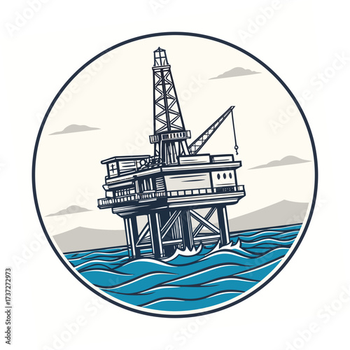 Vector art of colorful emblem of offshore oil rig or platform in sea waves within a circle, vector illustration a design element for energy themes