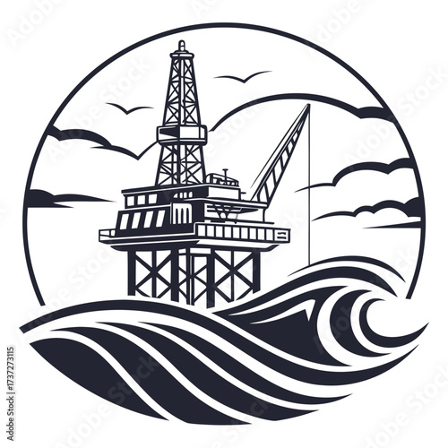 Vector art of offshore oil rig platform in the sea with waves and birds flying in the sky energy industry and petroleum production concept marine construction for drilling and extraction