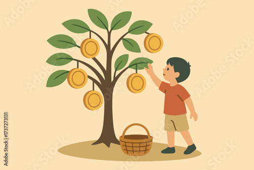 Harvesting below hanging child coins golden like tree picking illustration money simple