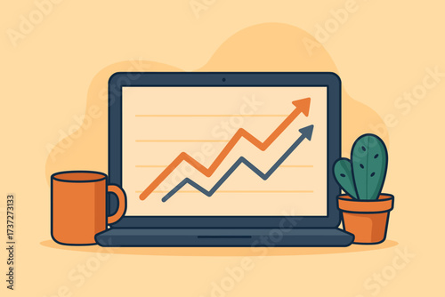 Financial laptop line scene vector abstract illustration potted rising graphs it mug