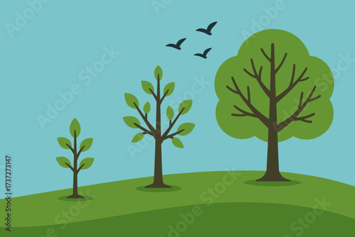 Growth tree hill vector crown stages flying evolving illustration from full shown