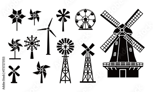 Windmill and Pinwheel Silhouettes Set. Vector Collection of Wind Turbine, Farm, and Ferris Wheel Icons.