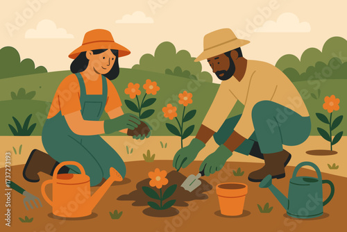 Simple vector tools together flowers small gardening community cans gardeners garden illustration