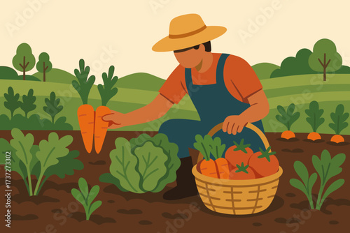 Farmer illustration vector harvesting harvests basket tomatoes carrots field lettuce vegetables