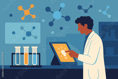 Molecules modern lab tubes innovation working device test vector illustration floating glowing