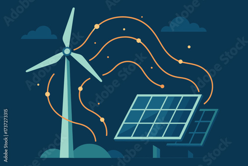 Lines illustration renewable turbine panels energy connected synergy wind vector abstract showing
