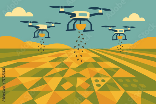 Seeds over illustration forming hovering ground drones field patterns planting vector