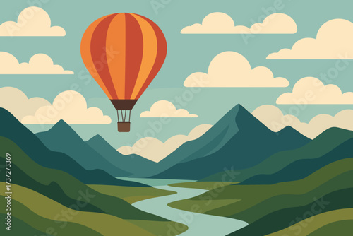 Floating soft clouds rivers forming adventure illustration minimal vector balloon air hot