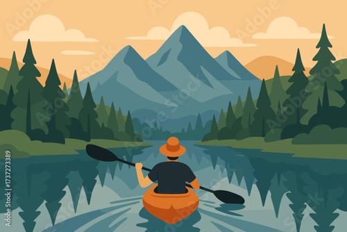 Kayak reflection person illustration paddling trees vector adventure through water mountains surrounded
